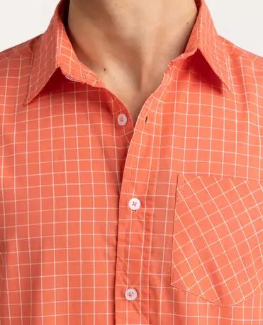 Orange White Checkered Casual Shirt